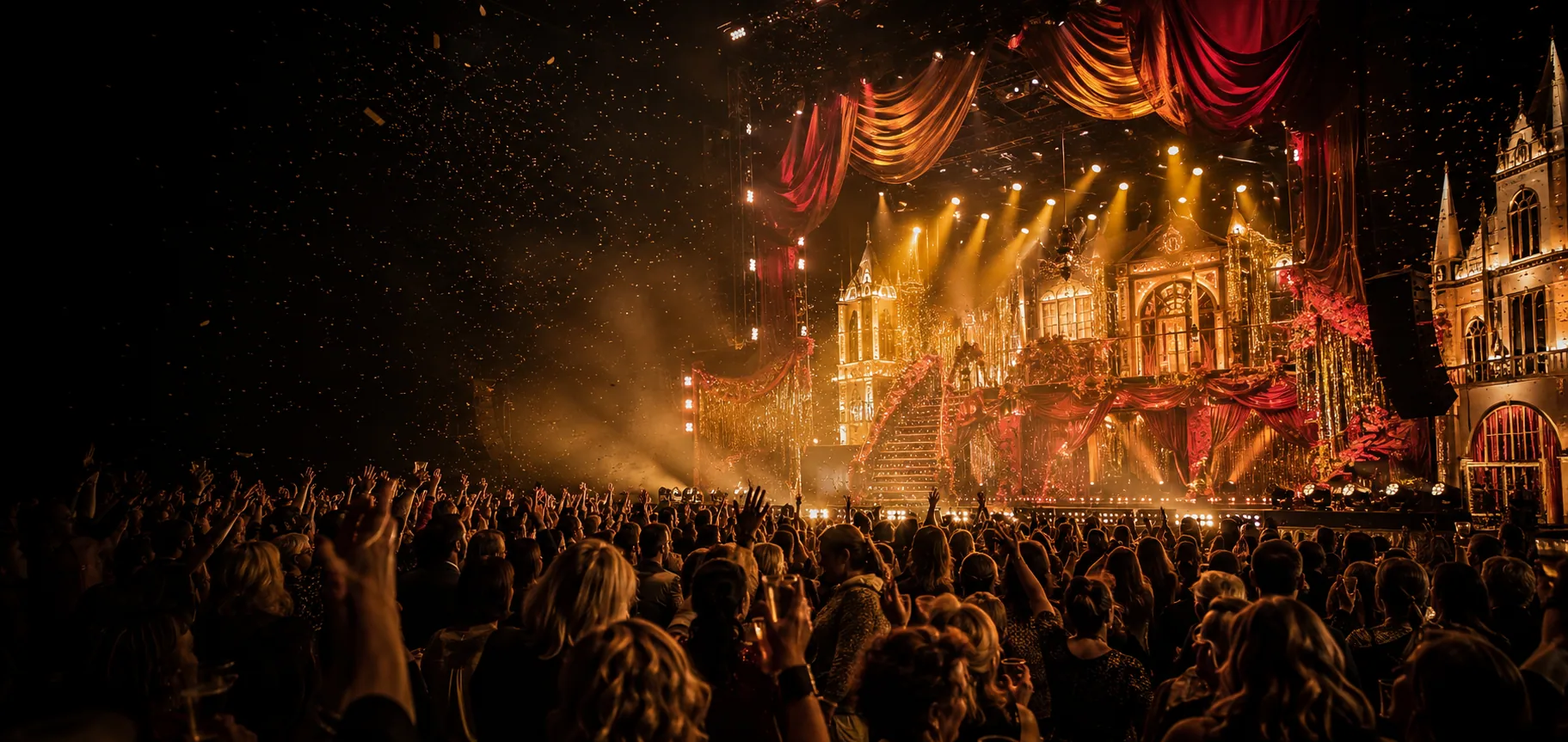 Conceptbeeld van een uitbundig gouden podiumdecor tijdens een live-evenement